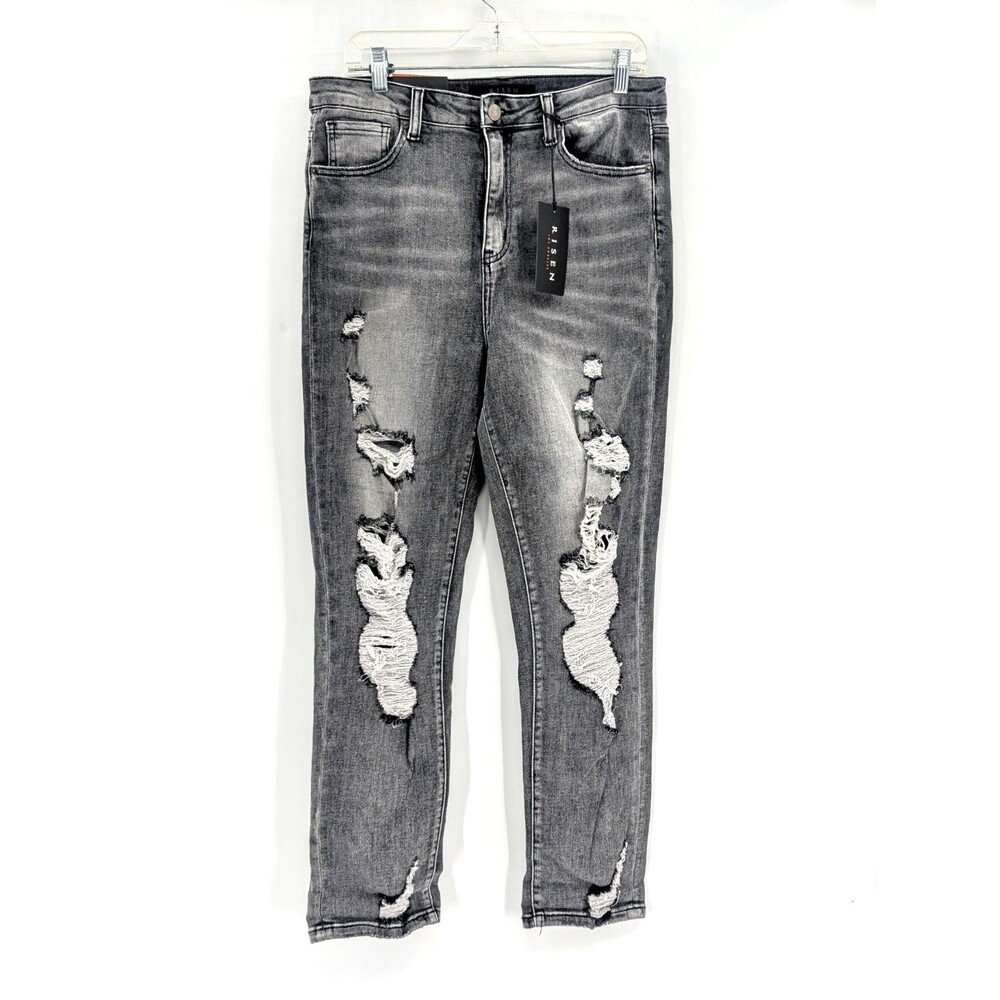 Risen Jeans Gray High Rise Distressed Ripped Skinny Straight Leg Size 32"x28"